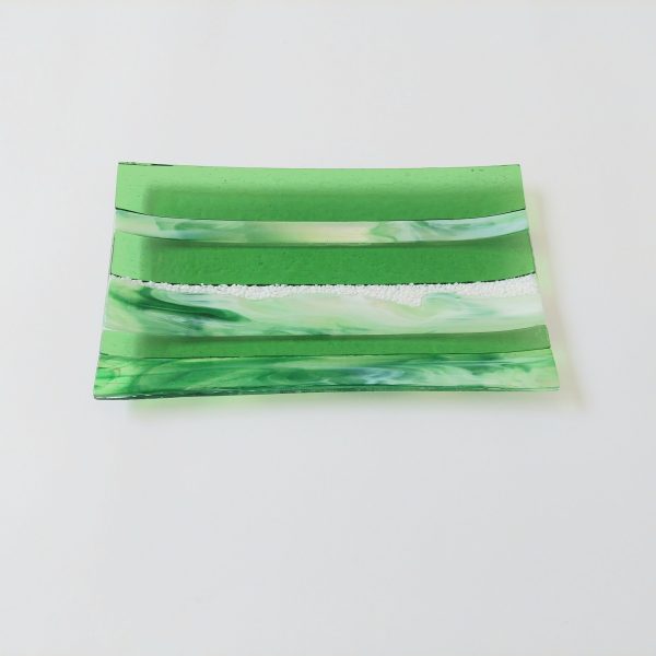 Artisan Spring Green Glass Plate, Handmade Textured Green and White Fused Glass Decorative Tray