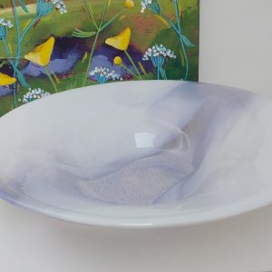 Large Lilac Glass Art Bowl, Handmade White Kiln Formed Bowl with a Light Purple Cascade, Contemporary Fruit Bowl, Artisanal Wedding Gift