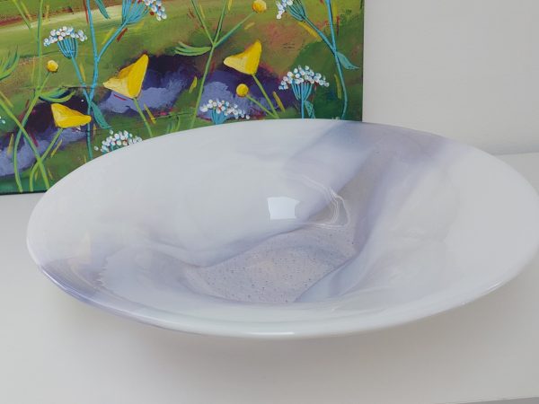 Large Lilac Glass Art Bowl, Handmade White Kiln Formed Bowl with a Light Purple Cascade, Contemporary Fruit Bowl, Artisanal Wedding Gift