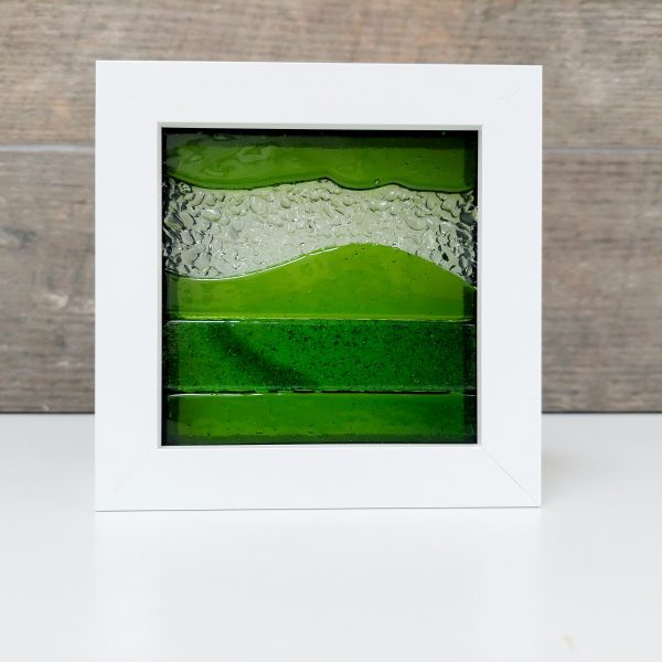 Artisan Green Glass Art Picture, Small Lime and Aventurine Green Fused Glass Framed Picture