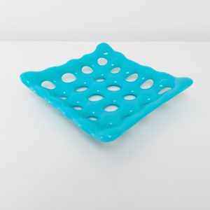 Pastel Turquoise Glass Art Soap Dish with Holes