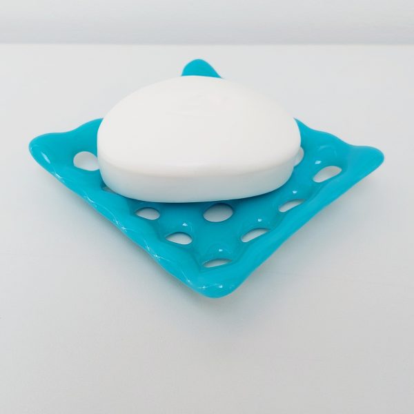 Pastel Turquoise Glass Art Soap Dish with Holes - Image 2