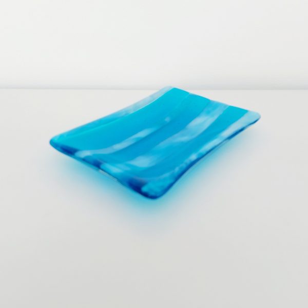 Winter in the Lakes Glass Art Trinket Dish, Handmade Turquoise and White Fused Glass Coffee Table Plate