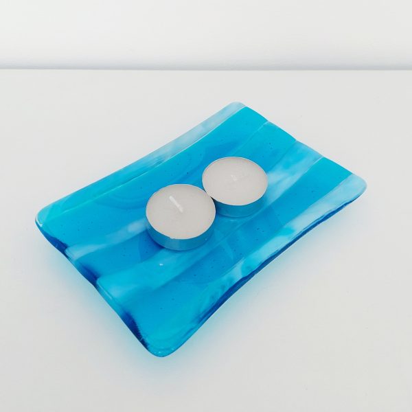 Winter in the Lakes Glass Art Trinket Dish, Handmade Turquoise and White Fused Glass Coffee Table Plate - Image 7