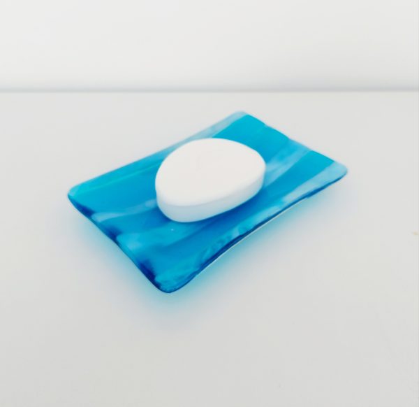 Winter in the Lakes Glass Art Trinket Dish, Handmade Turquoise and White Fused Glass Coffee Table Plate - Image 5