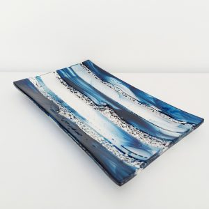 Coniston Water Decorative Glass Art Tray, Handmade Dark Blue and Crystal Clear Fused Glass Coffee Table Centrepiece